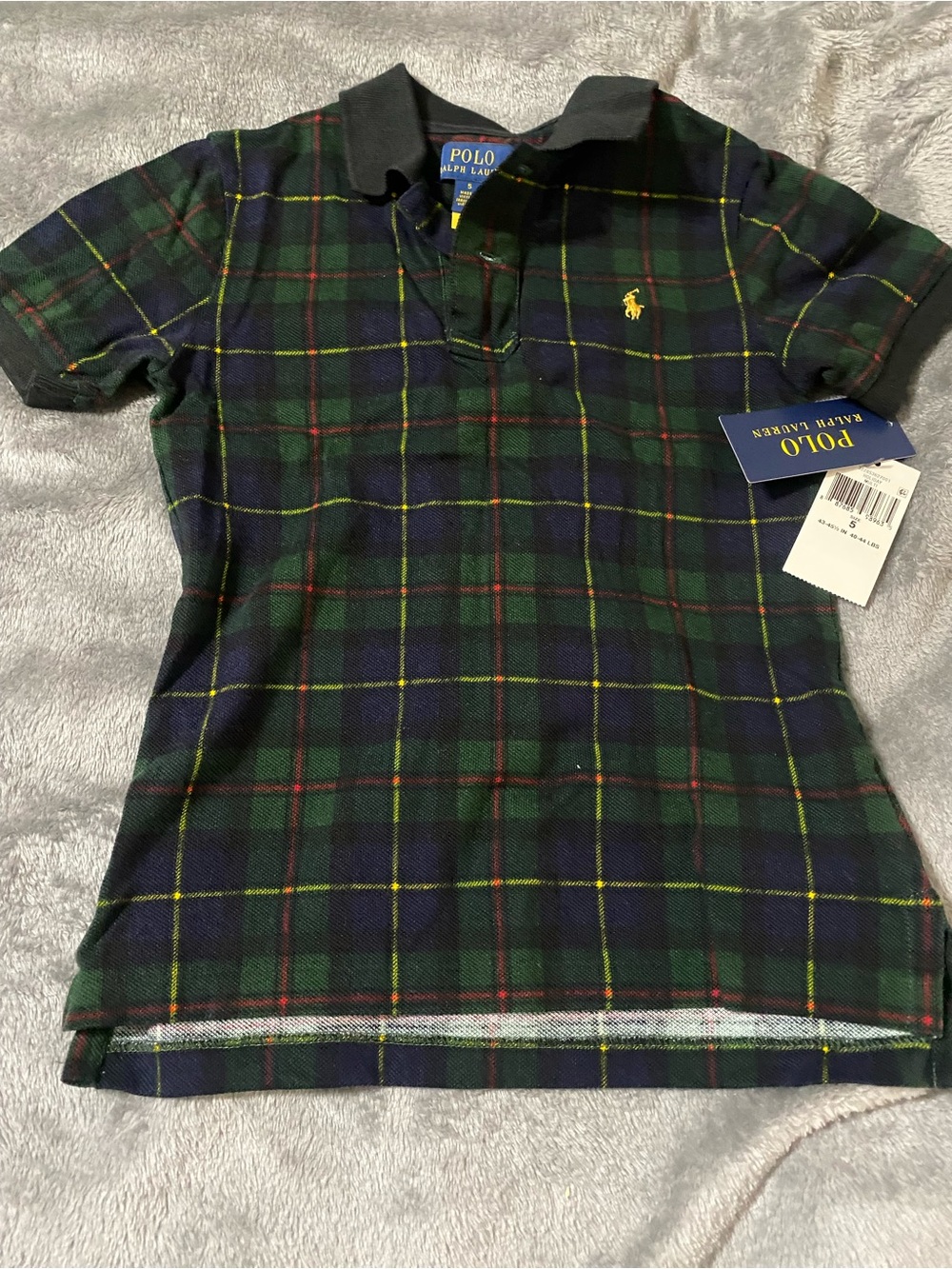 Polo by Ralph Lauren Boys Dark Green Plaid Polo Shirt with Yellow Pony